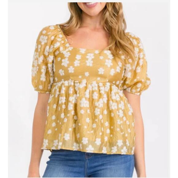 Baevely Babydoll Top Puff Sleeves Square Neck Embroidered Mustard White Size L - Picture 1 of 10